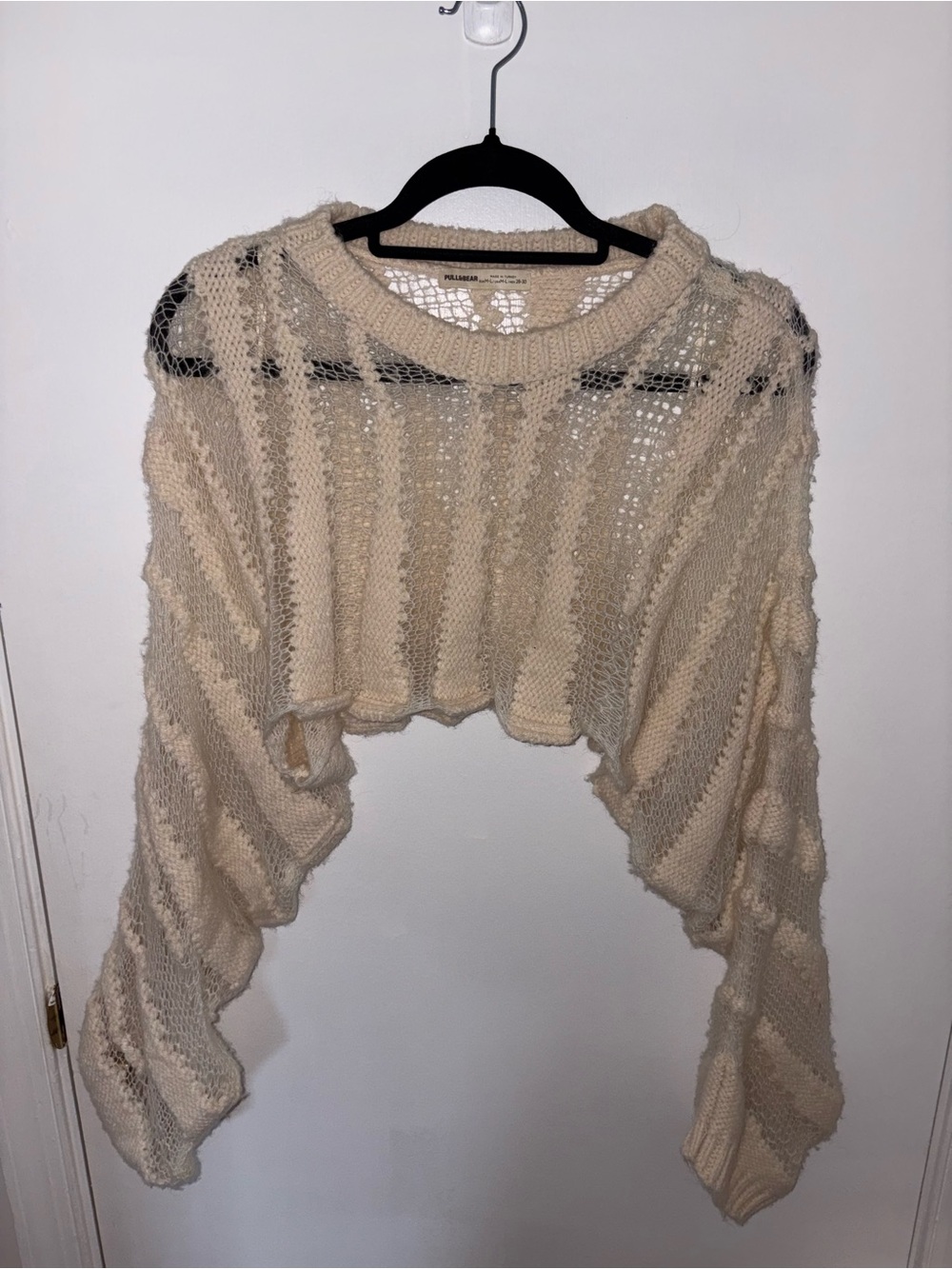 Pull&Bear Cream Open-Weave Cropped Crewneck Sweater